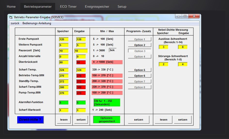 white safe® Software Betriebsparameter